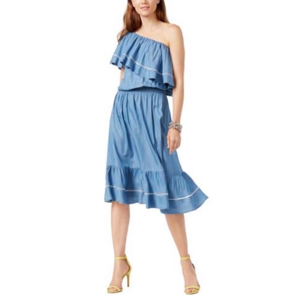 INC ruffled one shoulder chambray dress